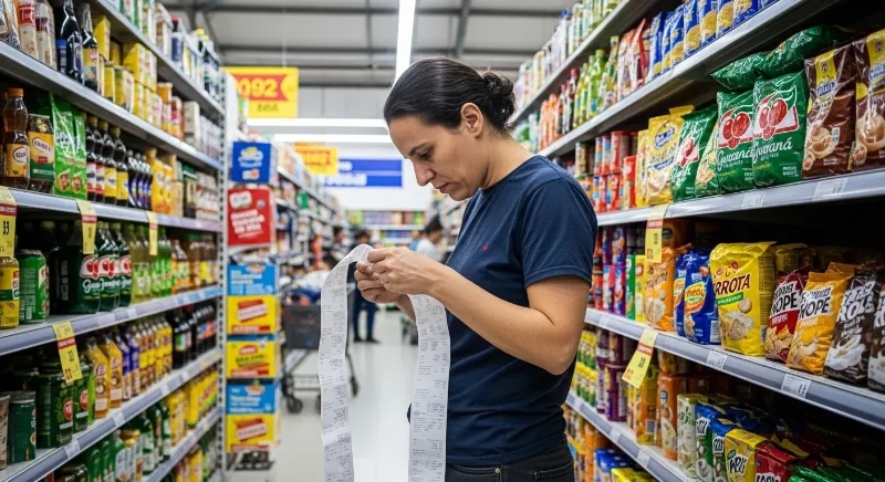 Pessoa analisa uma nota fiscal em um supermercado no Brasil, refletindo sobre como os impostos estão presentes no preço final dos produtos do dia a dia.