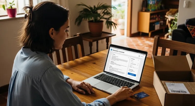 Um consumidor brasileiro está sentado em uma mesa simples em casa, utilizando um notebook para realizar uma compra em um marketplace internacional.